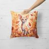 Devon Rex Cat in Fall Leaves Throw Pillow Machine Washable, Indoor Outdoor Decorative Pillow for Couch, Bed or Patio, 18Hx18W