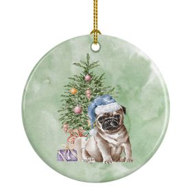 Pug Fawn Puppy Christmas Presents and Tree Ceramic Ornament Christmas Tree Hanging Decorations for Home Christmas Holiday, Party, Gift, 3 in