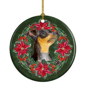 Miniature Pinscher #2 Poinsetta Wreath Ceramic Ornament Christmas Tree Hanging Decorations for Home Christmas Holiday, Party, Gift, 3 in, Multicolor