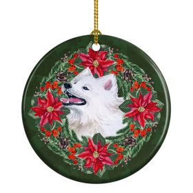 Samoyed Poinsetta Wreath Ceramic Ornament Christmas Tree Hanging Decorations for Home Christmas Holiday, Party, Gift, 3 in, Multicolor