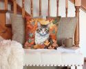 La Perm Cat in Fall Leaves Throw Pillow Machine Washable, Indoor Outdoor Decorative Pillow for Couch, Bed or Patio, 14Hx14W