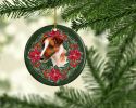 Smooth Fox Terrier Poinsetta Wreath Ceramic Ornament Christmas Tree Hanging Decorations for Home Christmas Holiday, Party, Gift, 3 in, Multicolor