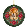 Tibetan Mastiff Poinsetta Wreath Ceramic Ornament Christmas Tree Hanging Decorations for Home Christmas Holiday, Party, Gift, 3 in, Multicolor