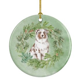 Australian Shepherd Red Merle Christmas Wreath Ceramic Ornament Christmas Tree Hanging Decorations for Home Christmas Holiday, Party, Gift, 3 in