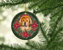 Tibetan Mastiff Poinsetta Wreath Ceramic Ornament Christmas Tree Hanging Decorations for Home Christmas Holiday, Party, Gift, 3 in, Multicolor