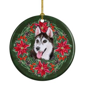 Siberian Husky #2 Poinsetta Wreath Ceramic Ornament Christmas Tree Hanging Decorations for Home Christmas Holiday, Party, Gift, 3 in, Multicolor