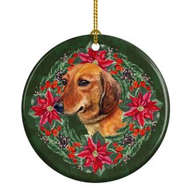 Dachshund Poinsetta Wreath Ceramic Ornament Christmas Tree Hanging Decorations for Home Christmas Holiday, Party, Gift, 3 in, Multicolor