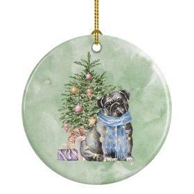 Pug Black Christmas Presents and Tree Ceramic Ornament Christmas Tree Hanging Decorations for Home Christmas Holiday, Party, Gift, 3 in, Multicolor