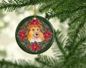 Sheltie Poinsetta Wreath Ceramic Ornament Christmas Tree Hanging Decorations for Home Christmas Holiday, Party, Gift, 3 in, Multicolor