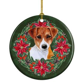 Jack Russell Terrier Poinsetta Wreath Ceramic Ornament Christmas Tree Hanging Decorations for Home Christmas Holiday, Party, Gift, 3 in, Multicolor