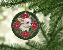 Chihuahua Leg up Poinsetta Wreath Ceramic Ornament Christmas Tree Hanging Decorations for Home Christmas Holiday, Party, Gift, 3 in, Multicolor