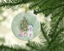 Bichon Frise Blue Hat Christmas Presents and Tree Ceramic Ornament Christmas Tree Hanging Decorations for Home Christmas Holiday, Party, Gift, 3 in