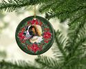 Saint Bernard Poinsetta Wreath Ceramic Ornament Christmas Tree Hanging Decorations for Home Christmas Holiday, Party, Gift, 3 in, Multicolor