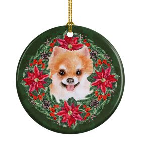 Pomeranian #2 Poinsetta Wreath Ceramic Ornament Christmas Tree Hanging Decorations for Home Christmas Holiday, Party, Gift, 3 in, Multicolor