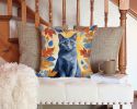 Chartreux Cat in Fall Leaves Throw Pillow Machine Washable, Indoor Outdoor Decorative Pillow for Couch, Bed or Patio, 14Hx14W