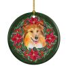 Sheltie Poinsetta Wreath Ceramic Ornament Christmas Tree Hanging Decorations for Home Christmas Holiday, Party, Gift, 3 in, Multicolor