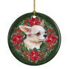 Chihuahua Leg up Poinsetta Wreath Ceramic Ornament Christmas Tree Hanging Decorations for Home Christmas Holiday, Party, Gift, 3 in, Multicolor