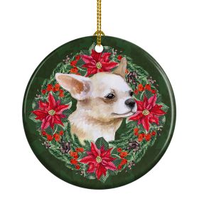 Chihuahua Leg up Poinsetta Wreath Ceramic Ornament Christmas Tree Hanging Decorations for Home Christmas Holiday, Party, Gift, 3 in, Multicolor