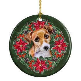 Jack Russell Terrier #2 Poinsetta Wreath Ceramic Ornament Christmas Tree Hanging Decorations for Home Christmas Holiday, Party, Gift, 3 in, Multicolor