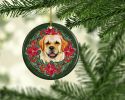 Golden Retriever Poinsetta Wreath Ceramic Ornament Christmas Tree Hanging Decorations for Home Christmas Holiday, Party, Gift, 3 in, Multicolor