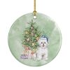 Bichon Frise Blue Hat Christmas Presents and Tree Ceramic Ornament Christmas Tree Hanging Decorations for Home Christmas Holiday, Party, Gift, 3 in