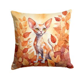 Devon Rex Cat in Fall Leaves Throw Pillow Machine Washable, Indoor Outdoor Decorative Pillow for Couch, Bed or Patio, 18Hx18W